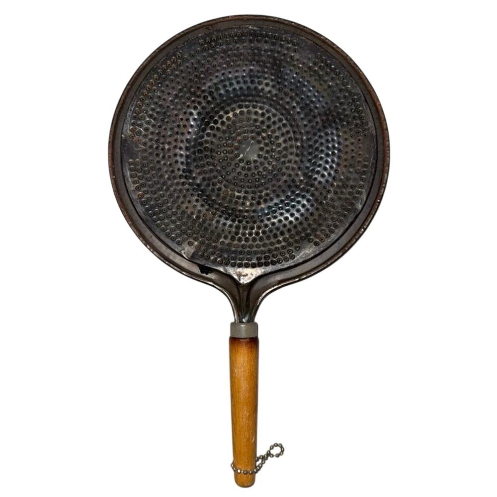 Vintage 1950s Splatter Screen Flat Metal Strainer With Light Wood Handle kitchen